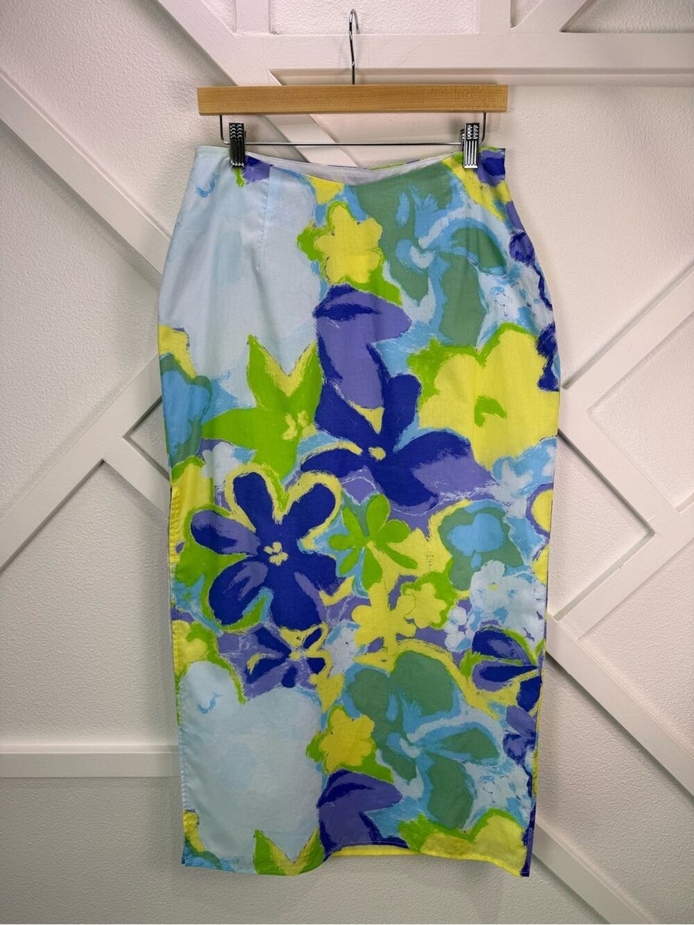NWT Sabo Florence Midi Skirt Floral Linen Cotton Side Slit Blue Yellow Size US 8